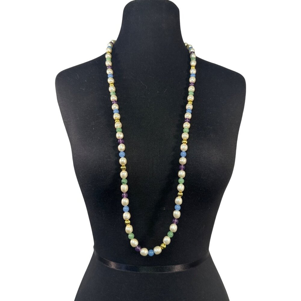 Multicolor Beaded Necklace 36" Long With Gold-Tone Accents & Faux Pearls